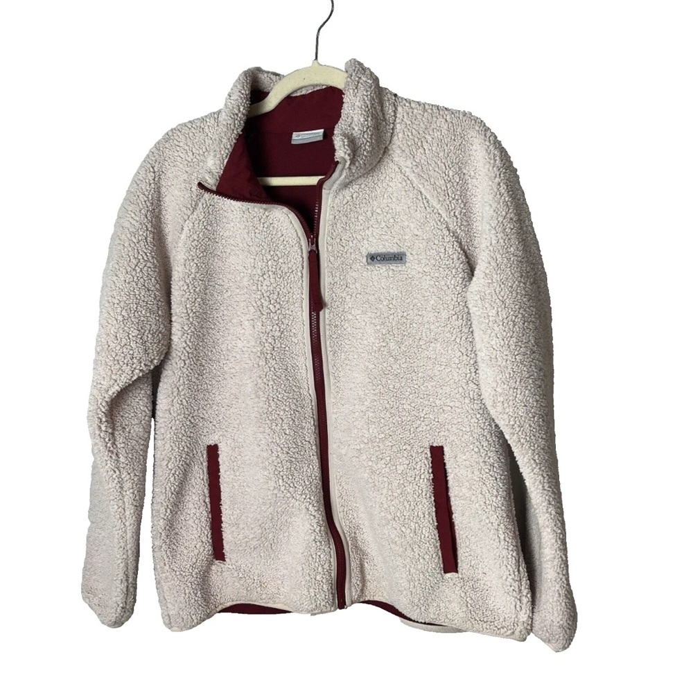 Columbia Women's Fuzzy Jacket Size Large Ivory Maroon Red Pockets Casual